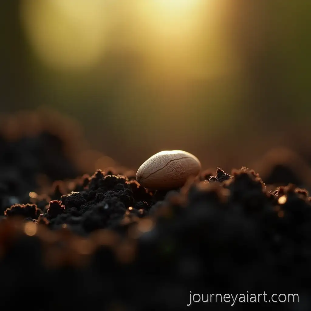 CloseUp-Cinematic-Macro-Photo-of-Seed-on-Dark-Soil-with-Sunlight