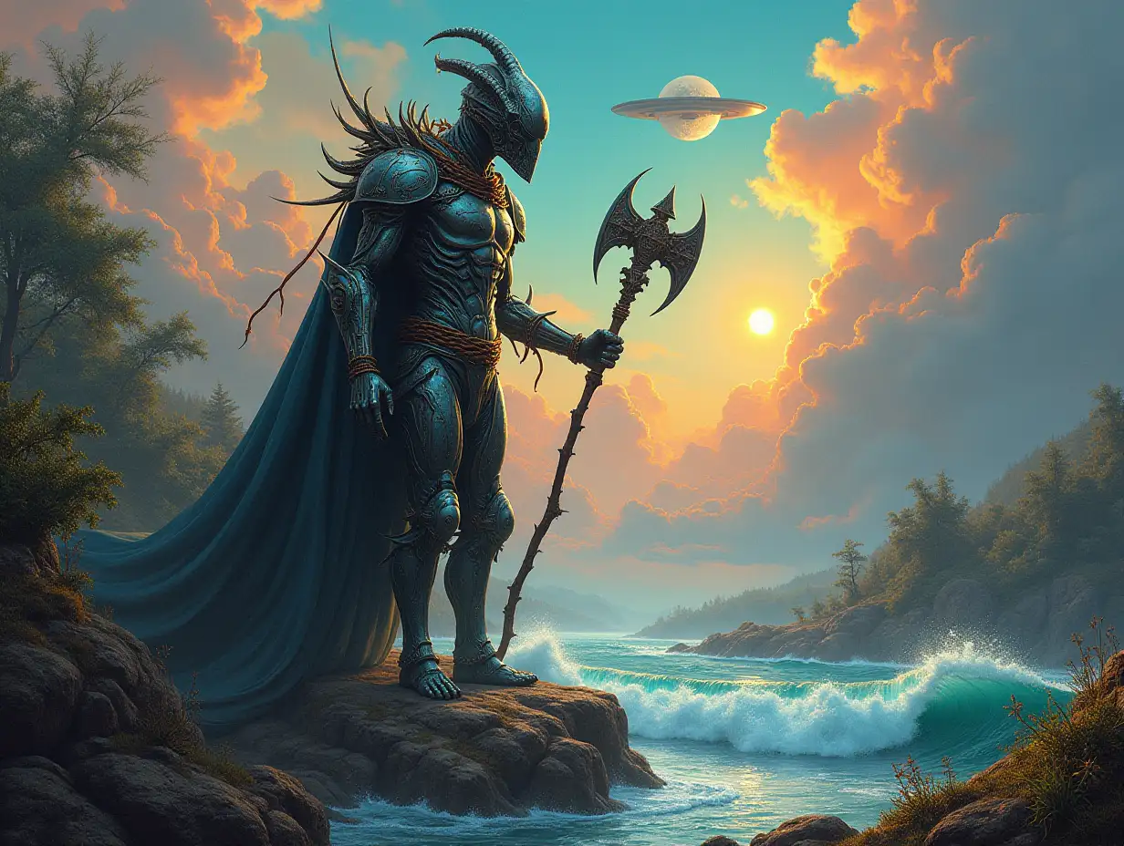 Hyperrealistic portrait of a gpanzerter metal alien king 15 meters tall with an ax in the sea with waves on a rock with plants that are intricately detailed, colorful, forested planet with sun and ufo background