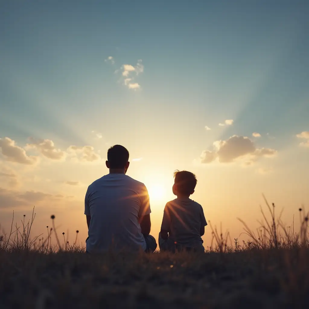 Image of a father now with his son sitting looking at the sky