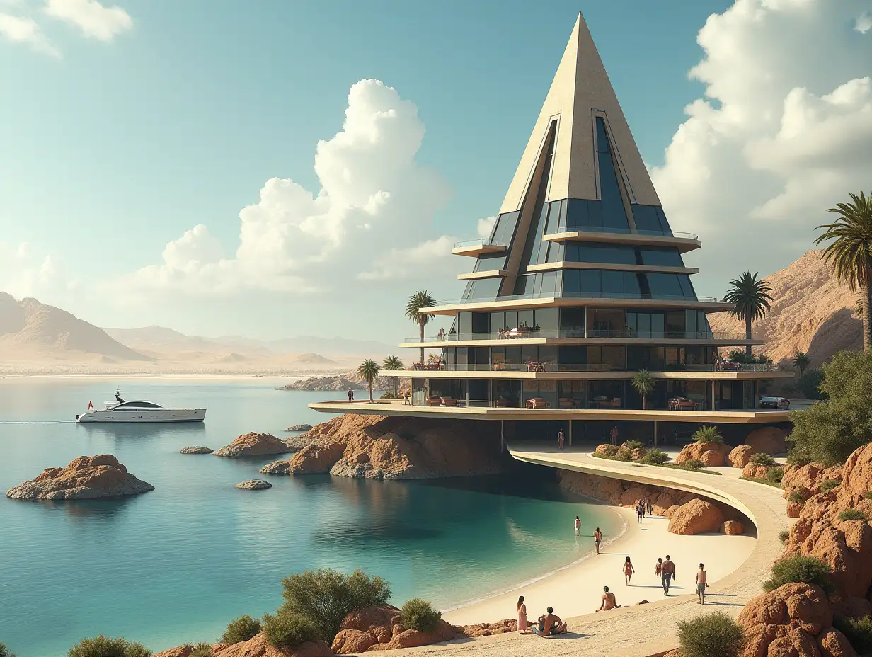 Create a high-resolution, realistic panorama image of a futuristic terrace building with window pyramid house with bridge, a yacht and a small beach with people, many plants and gray and brown facades in the desert with oasis, big trees, black clouds