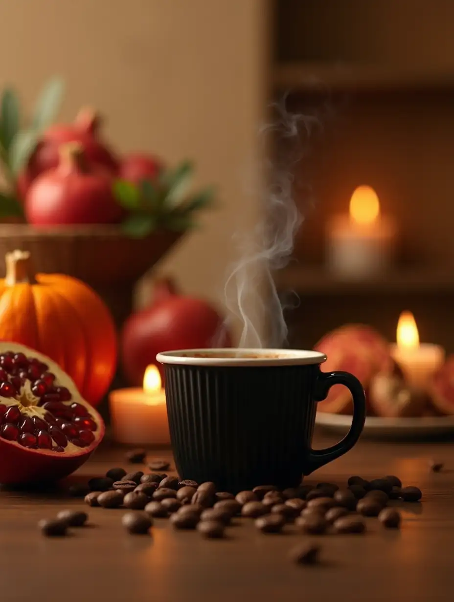 A warm and festive Yalda Night Instagram post for a coffee shop. The image features a close-up view of a wooden cafe table with a black paper ripple coffee cup emitting gentle steam. Scattered coffee beans add a cozy touch to the scene. Around the coffee cup, traditional Yalda Night decorations are arranged: bright red pomegranates, a vibrant orange pumpkin, glowing candles, and festive Iranian Yalda table elements. The background is softly blurred in warm cream and brown tones, complementing the wooden aesthetic. The lighting is warm and inviting, perfect for showcasing the charm of a Persian Yalda night celebration.