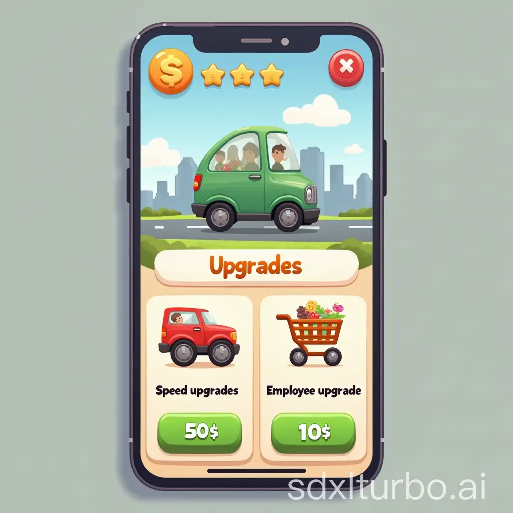 Mobile game user interface, without background, only UI. Game will be placed in city, toon style. I need a top left corner a pause button and shop button. In Right top I need a input with dolar symbol and money information. On bottom center i need a 2 card with 'upgrades' - It should have a speed upgrade icon and employee upgrade icon on center of cart, on it bottom shoud has button with price 10$