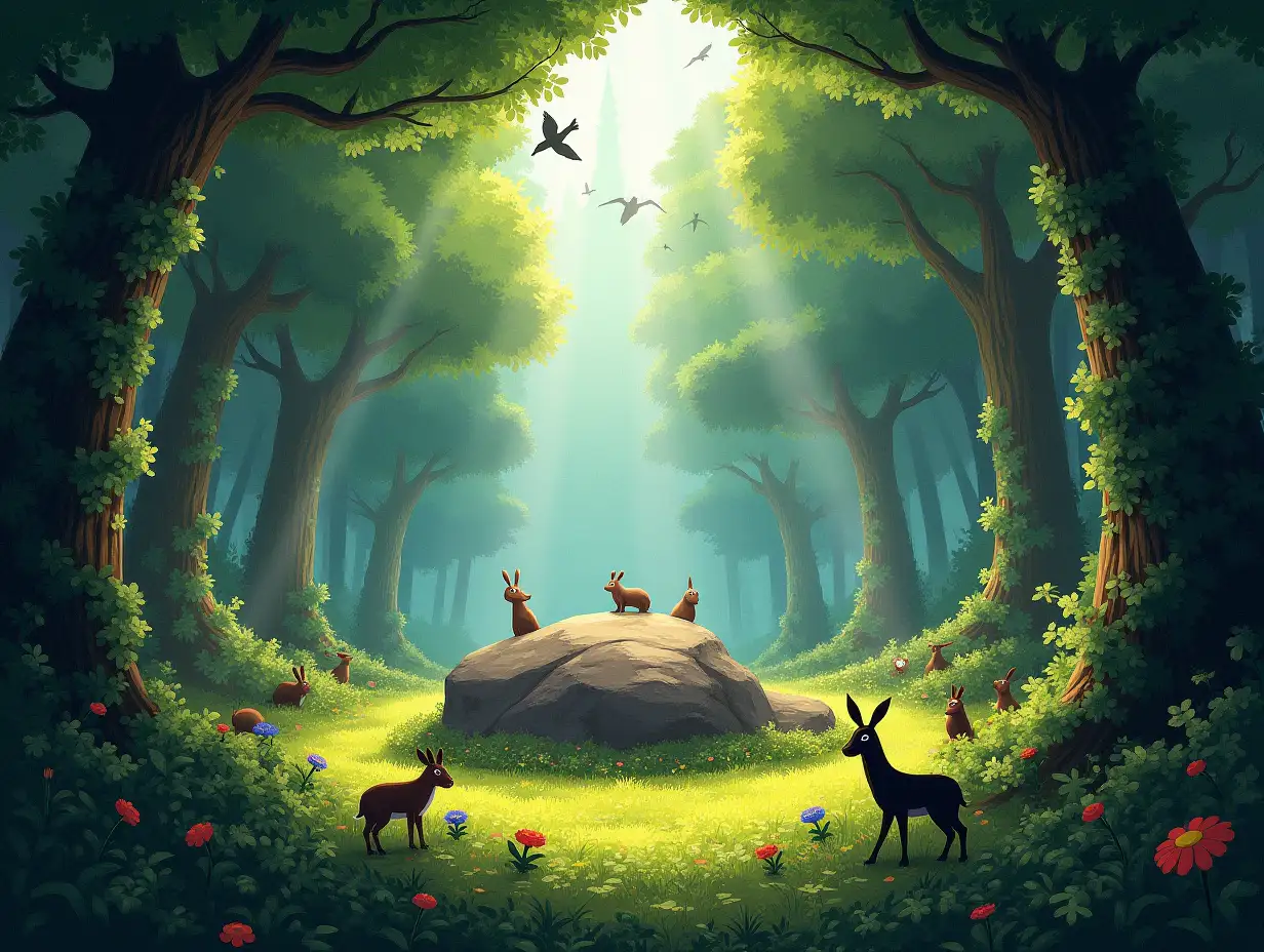 A dense, lush green jungle filled with tall trees, vines, and colorful flowers. Sunlight filters through the thick canopy, creating a mystical atmosphere. Birds are flying in the sky, and small animals like rabbits, deer, and squirrels are seen hiding behind bushes. A grand rocky area in the middle serves as a gathering place for animals.