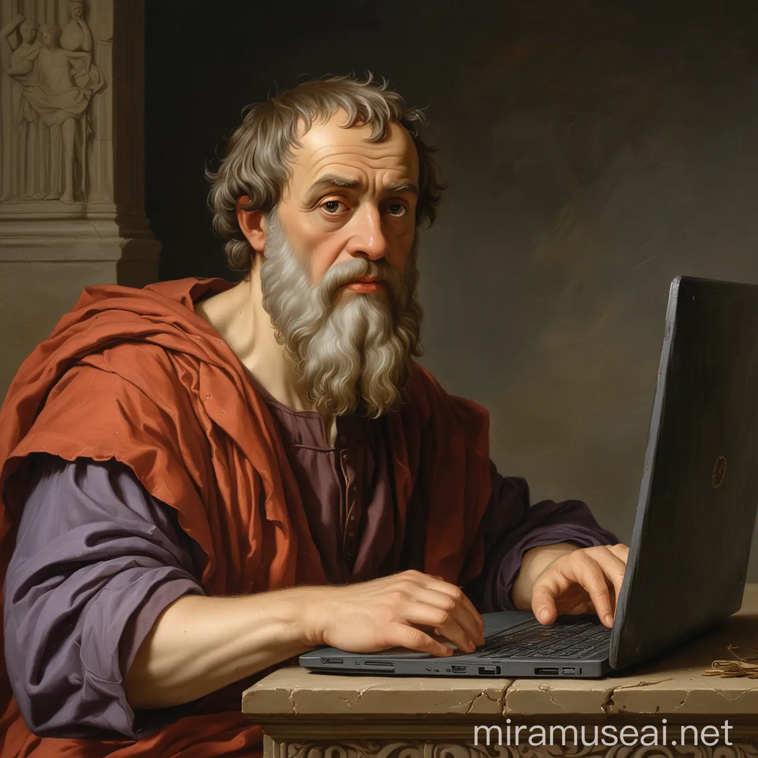 Renaissance Oil Painting of Philosopher Plato Coding Software on Laptop