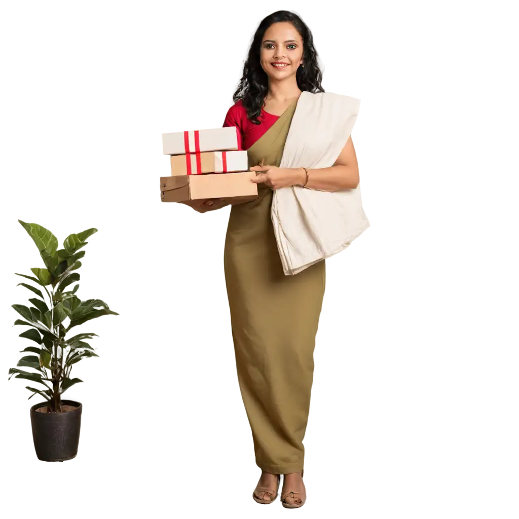 Indian-Woman-in-Traditional-Saree-Receiving-Delivery-Package-PNG-Capturing-Cultural-Warmth-and-Hospitality-in-HighQuality-Image-Format
