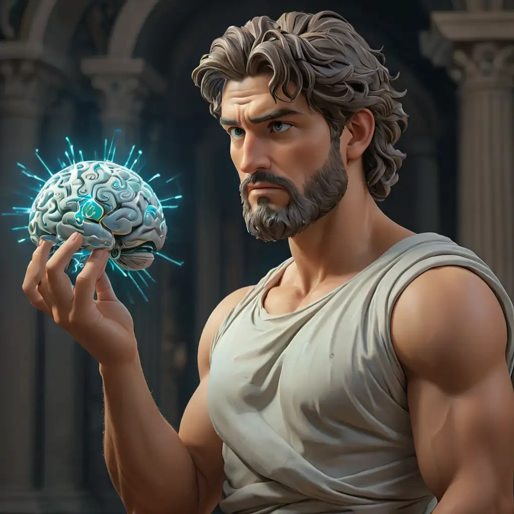 David-by-Michelangelo-Holding-Brain-with-Cyber-Lights-Illustrating-Intelligence-and-Enlightenment