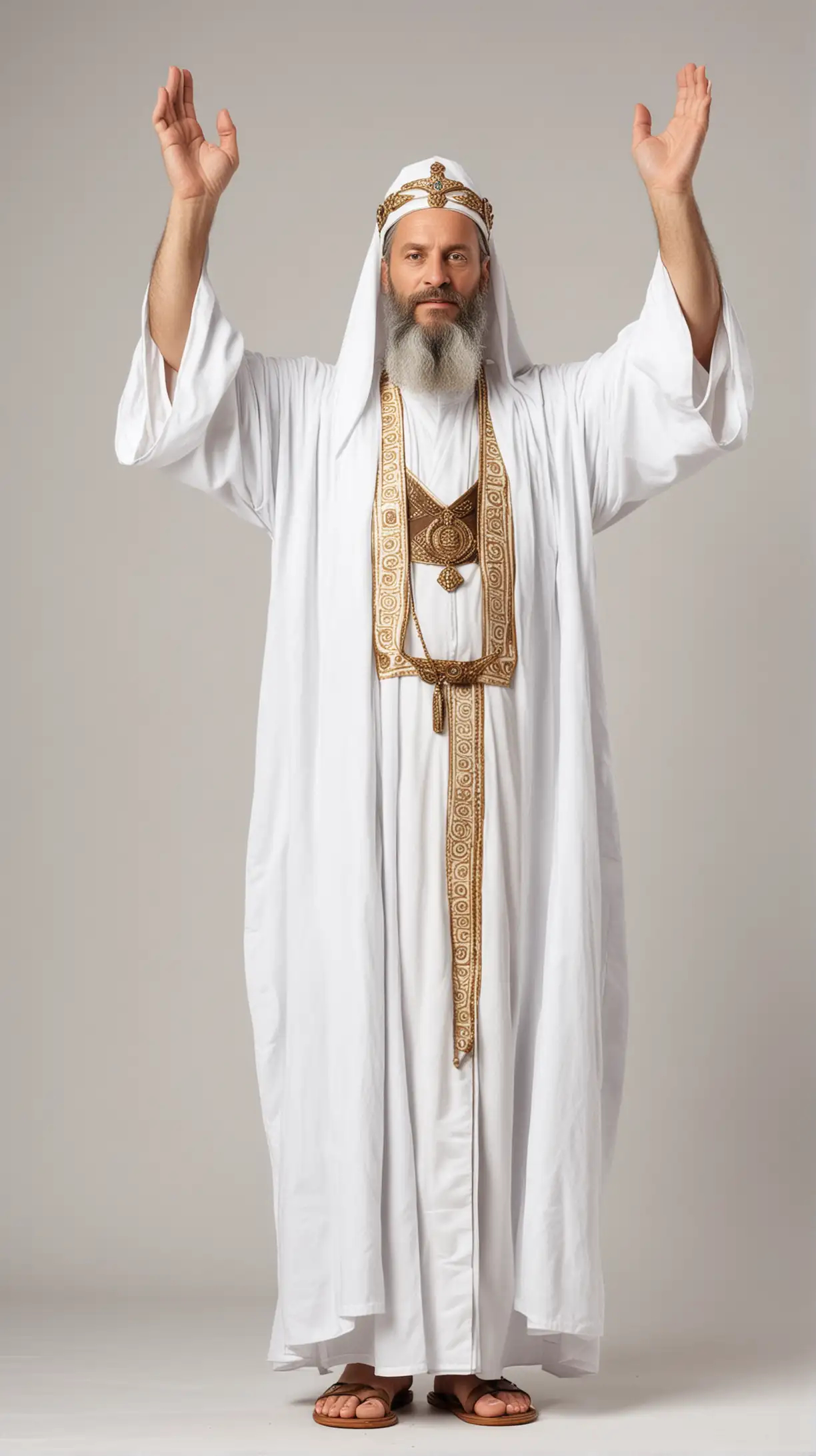 Mature High Priest Aaron Standing with Raised Hands on White Background