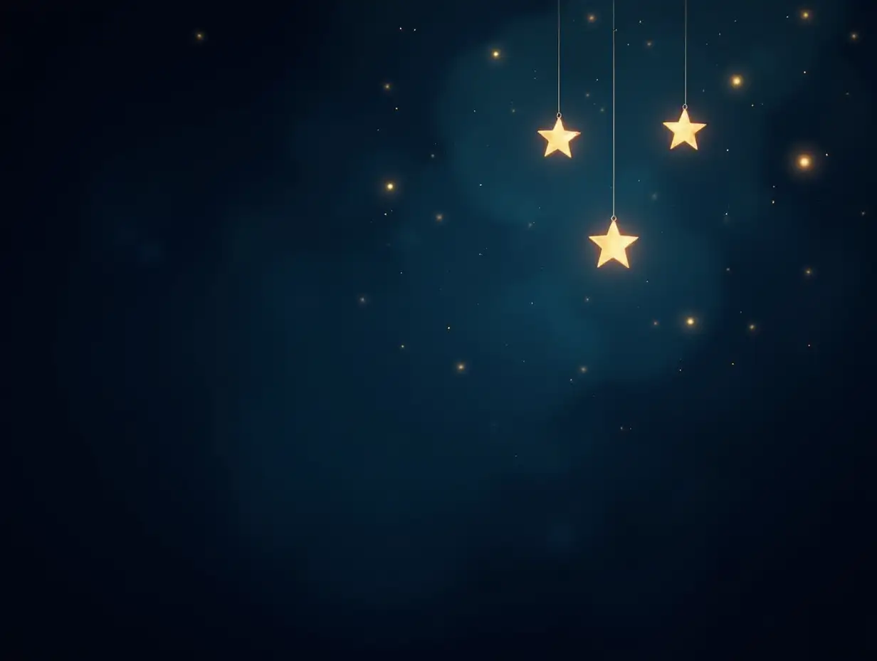 A deep and magical night sky filled with bright stars and golden sparkles. Several stars hang from thin threads, gently floating in the darkness. The background is a rich, deep blue with a soft lighting effect that adds depth and warmth to the scene. Tiny glowing particles drift through the air, creating a dreamy and tranquil atmosphere. The image conveys a sense of calm and fantasy, perfect for a relaxing and celestial setting.