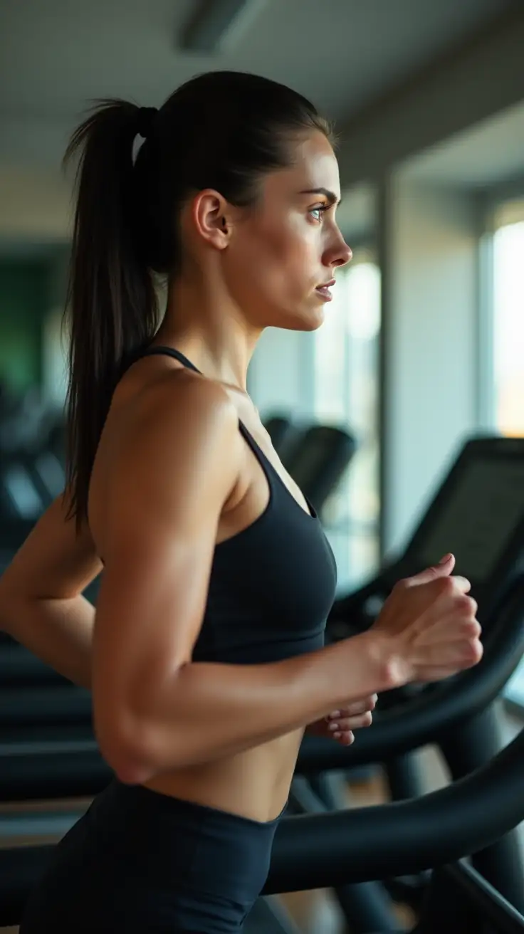 Focused-Young-Russian-Woman-Running-on-Treadmill-in-HighEnd-Gym