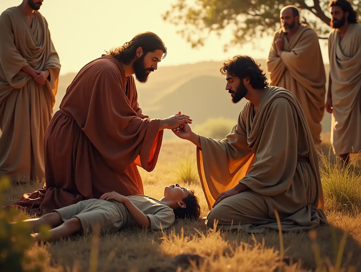 Create a photorealistic image. The scene is in the countryside. Jesus is in ancient Jewish robes. His hand is over a boy who is lying on the ground.  The boy's father is kneeling and pleading with Jesus to make his son well again. Three men are standing around them. They look worried.