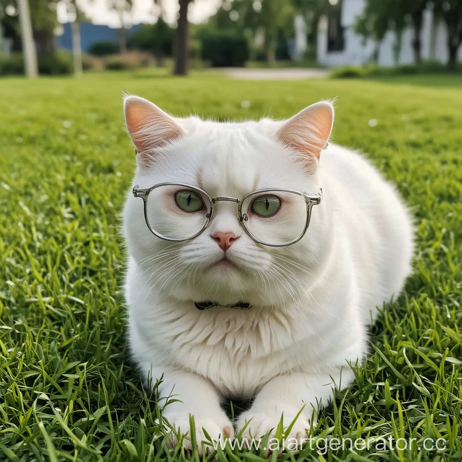 Adorable-Chonky-White-Cat-Wearing-Glasses-on-Lush-Green-Grass