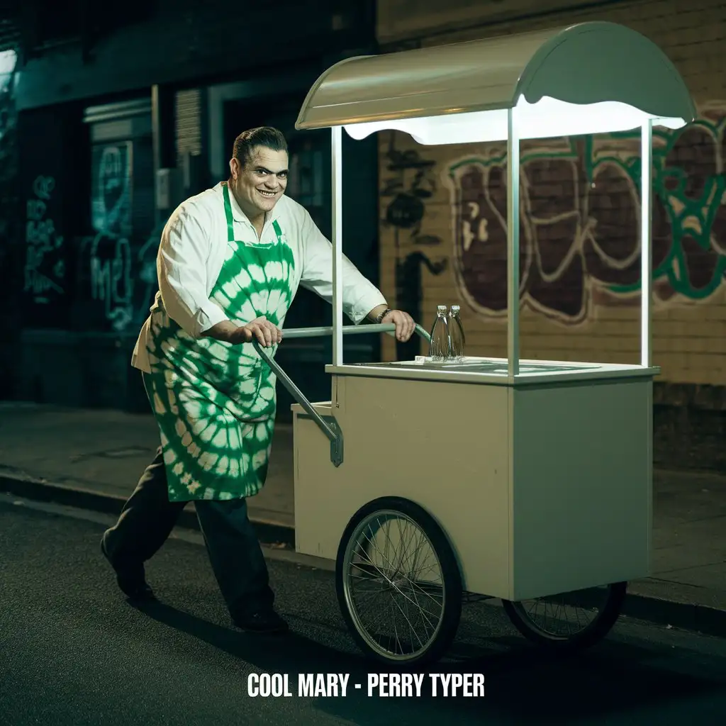 Night Scene Bad Man in TieDyed Green Smock Pushing Ice Cream Cart