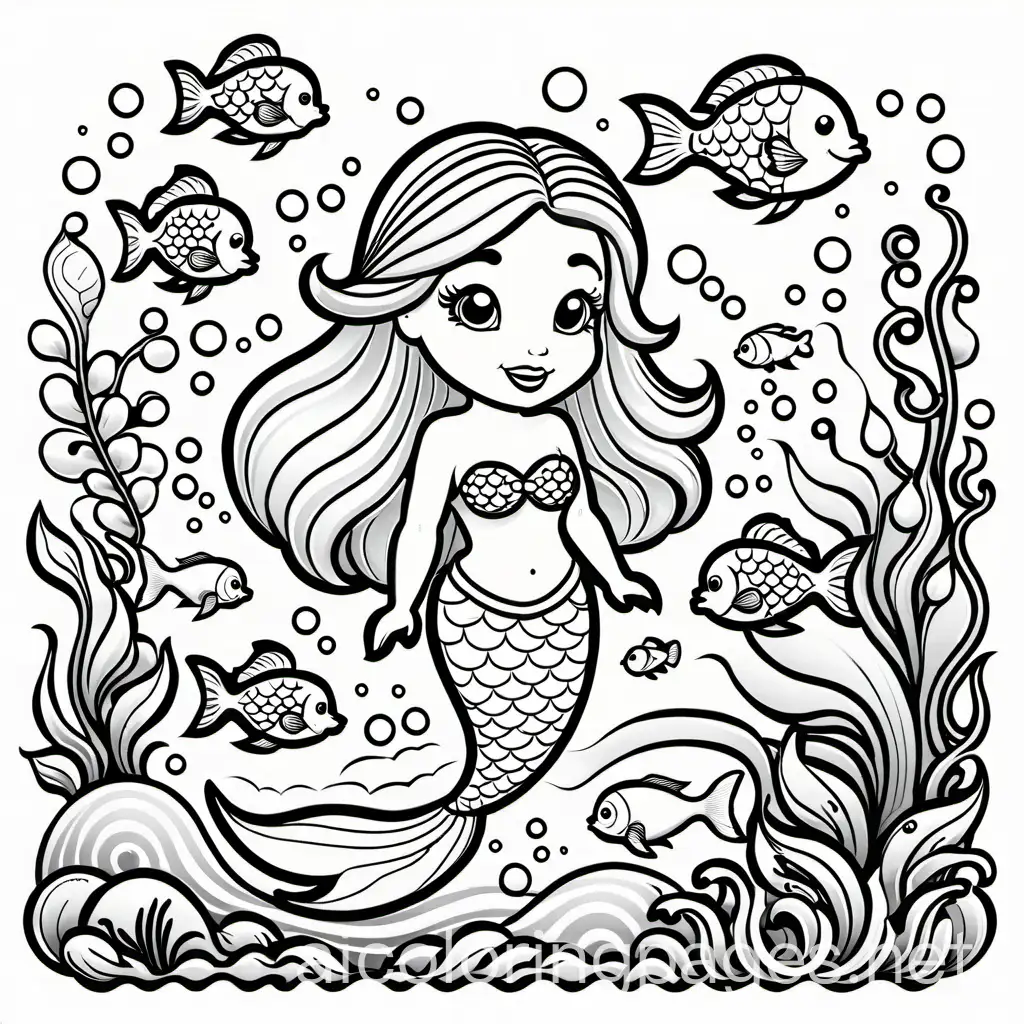 cute little mermaid with her fish friends, Coloring Page, black and white, line art, white background, Simplicity, Ample White Space. The background of the coloring page is plain white to make it easy for young children to color within the lines. The outlines of all the subjects are easy to distinguish, making it simple for kids to color without too much difficulty, Coloring Page, black and white, line art, white background, Simplicity, Ample White Space. The background of the coloring page is plain white to make it easy for young children to color within the lines. The outlines of all the subjects are easy to distinguish, making it simple for kids to color without too much difficulty