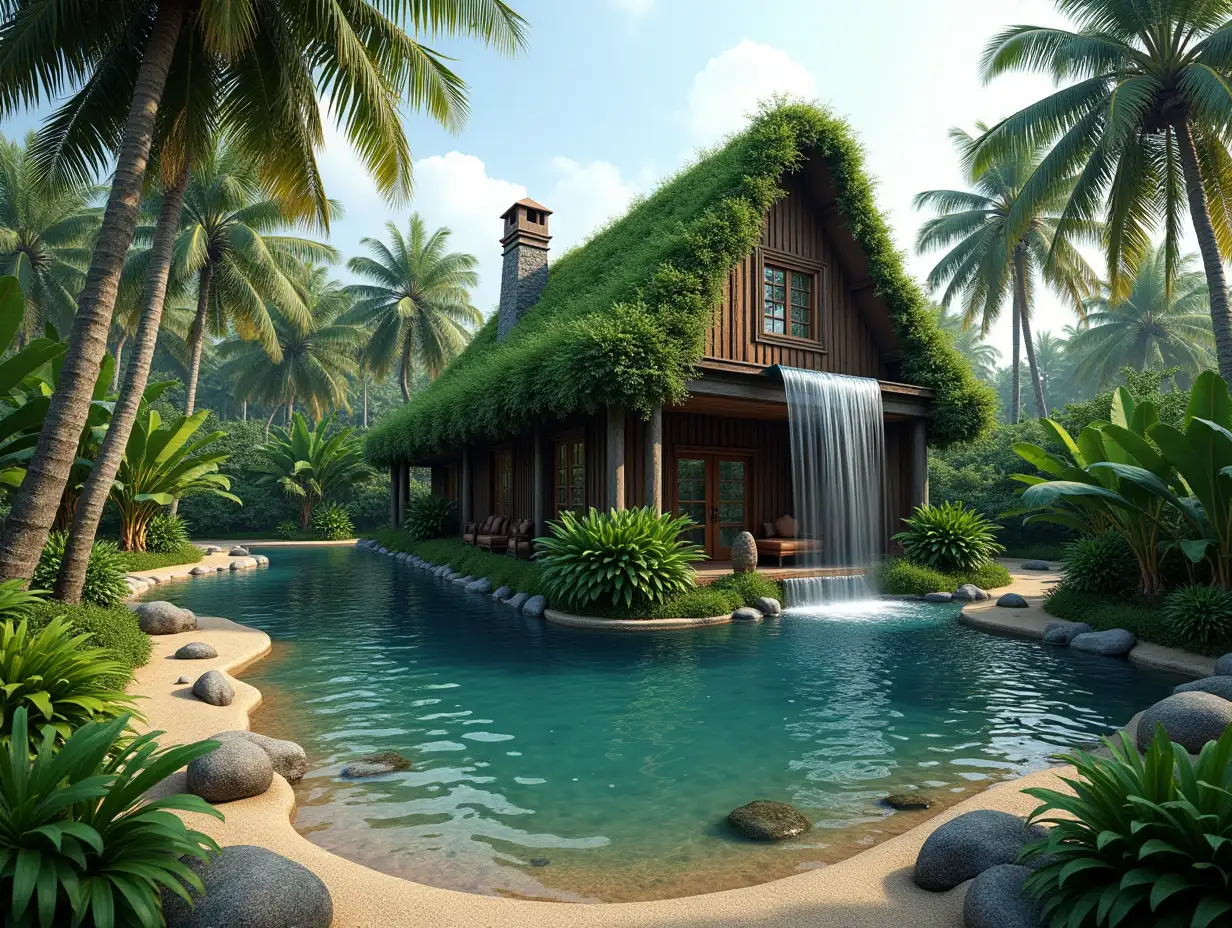 crooked Camouflage house with garden  And a pond with waterfall  on the beach with banana plants and palm trees 4K resolution wide-angle shots