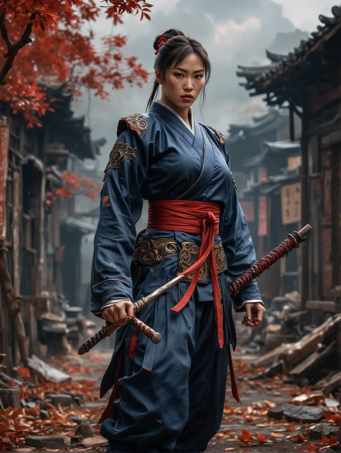 An ultra-realistic photo of a beauty Chun Li with a moody face, with a sharp gaze, wearing traditional kung fu clothing, wearing geta, carrying a long spear with a red hilt, in dynamic martial art poses, full body shot, set against a backdrop of an ancient, rusty settlement with leaves scattering, with a detailed, focused, and sharp face, super quality, super detailed, entire body, close up view, with added smoke haze.