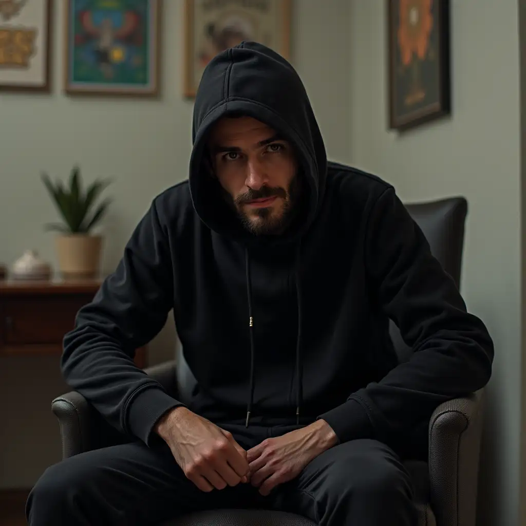 A guy in a black hoodie sits in a selfie chair, realism