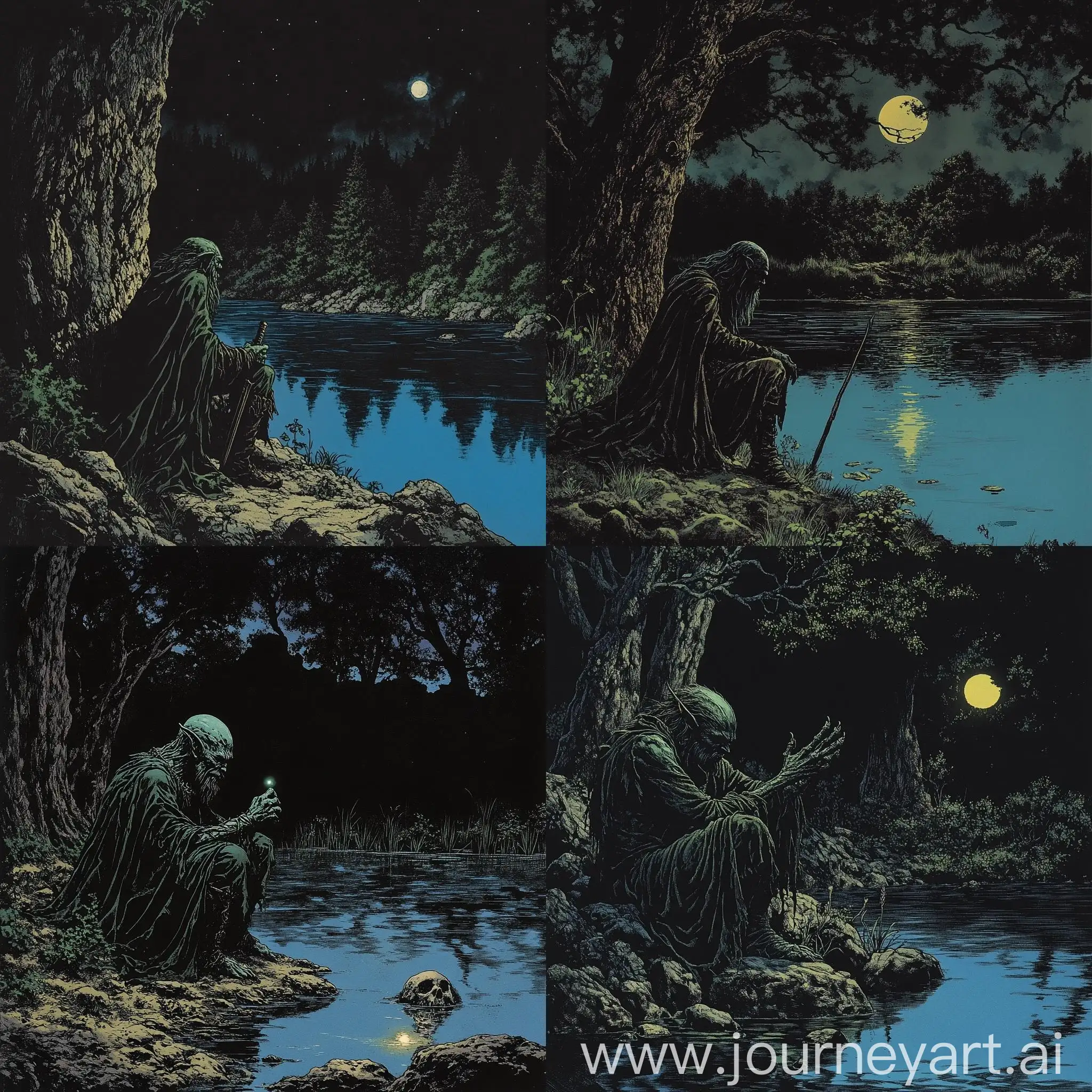 70s-Dark-Fantasy-Goblin-by-a-Lake-with-Blue-Shadows-and-Water-Reflection