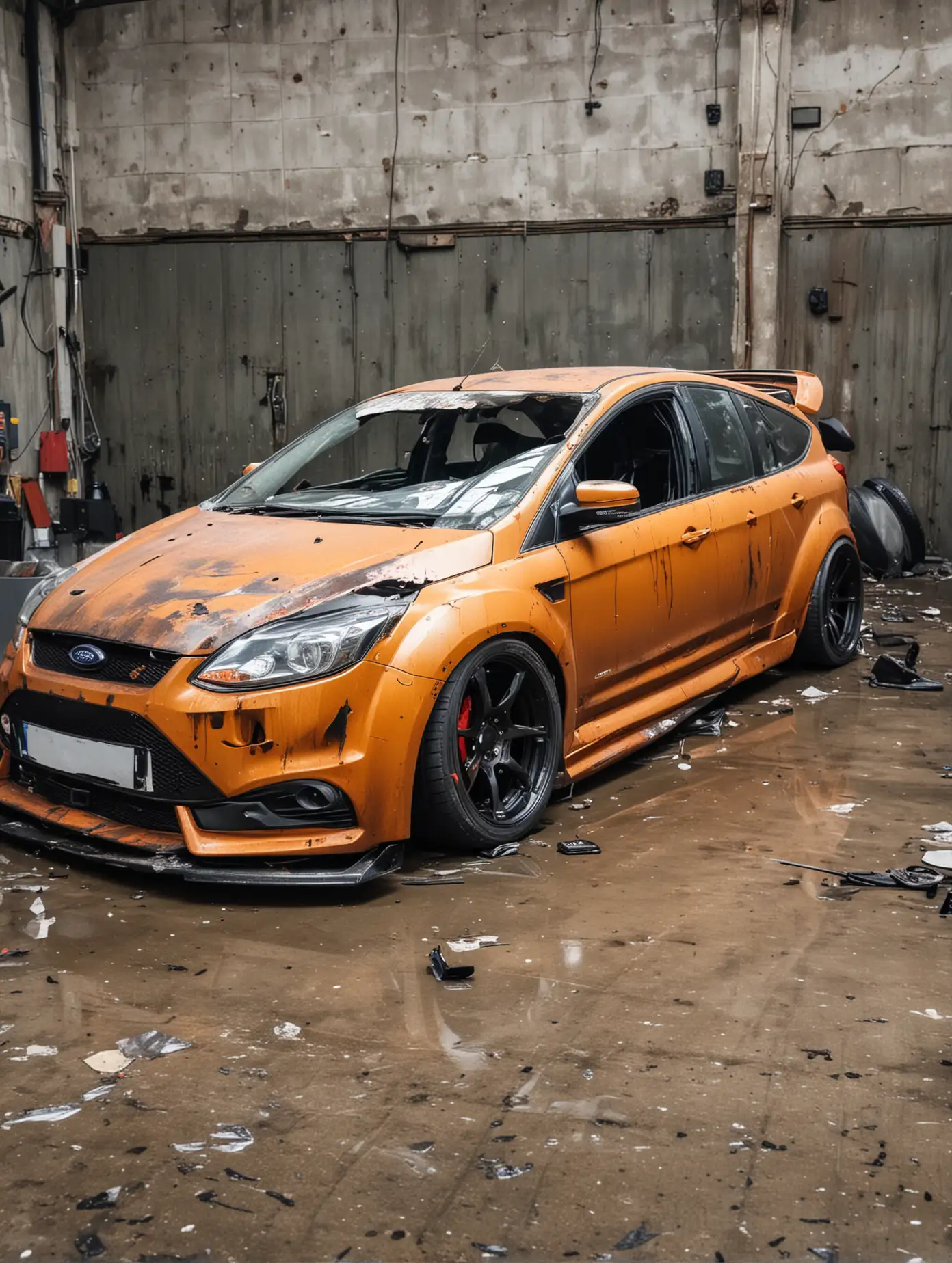 Ford focus ST damaged widebody in abandoned workshop damaged tyre stance slammed 