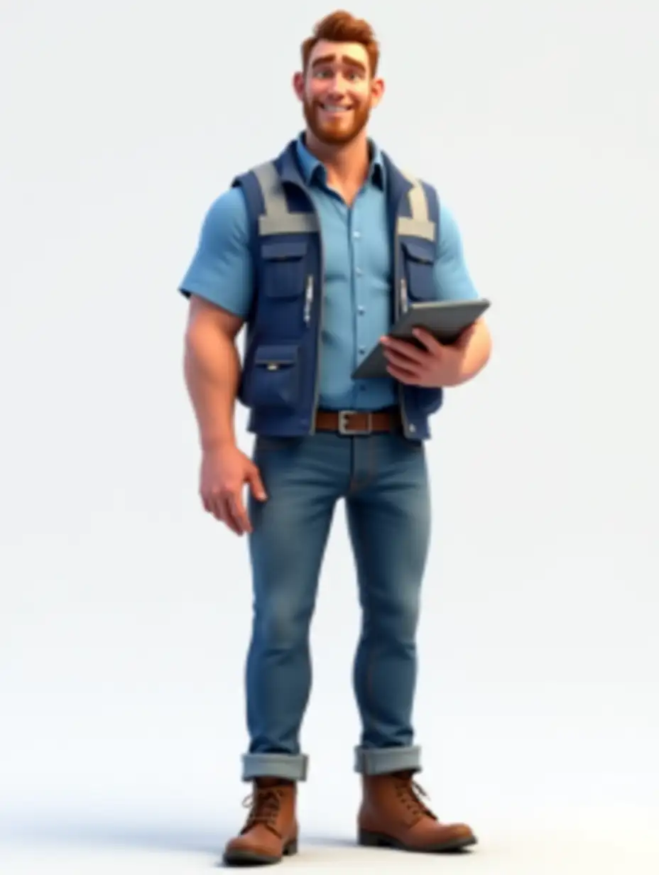 a 40-year-old man, looking straight ahead, standing full height, with european appearance, chestnut hair, short haircut, and a athletic body. Wearing a blue shirt with short sleeves and jeans, with a pen in his breast pocket, over it wears a blue vest with reflective stripes, brown laced boots on his feet. Holding a tablet in his left hand. 3D Pixar style.