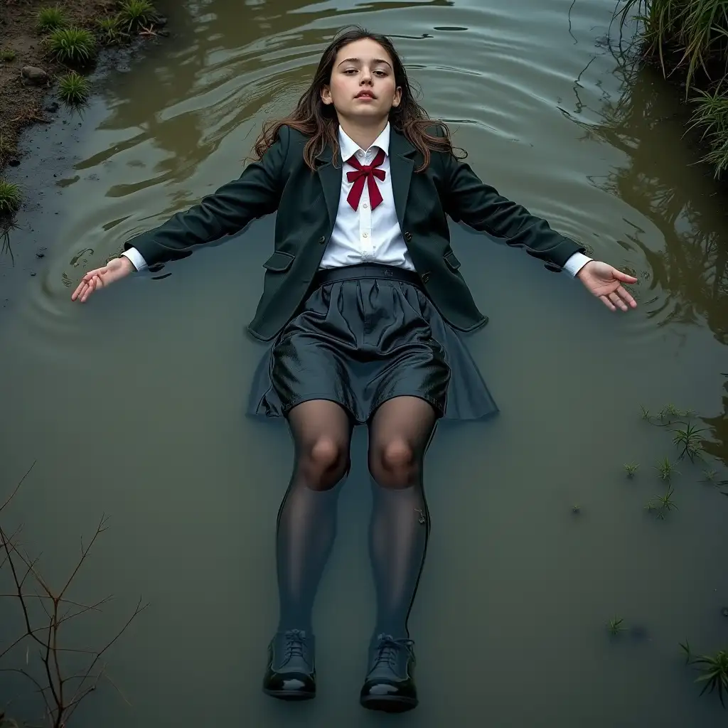 A schoolgirl in a school uniform, with a skirt, jacket, blouse, dark tights, high-heeled shoes. Swims in a dirty pond, fully wet clothes, underwater, lies in the water, wet clothes stick to the body, immersion in water.