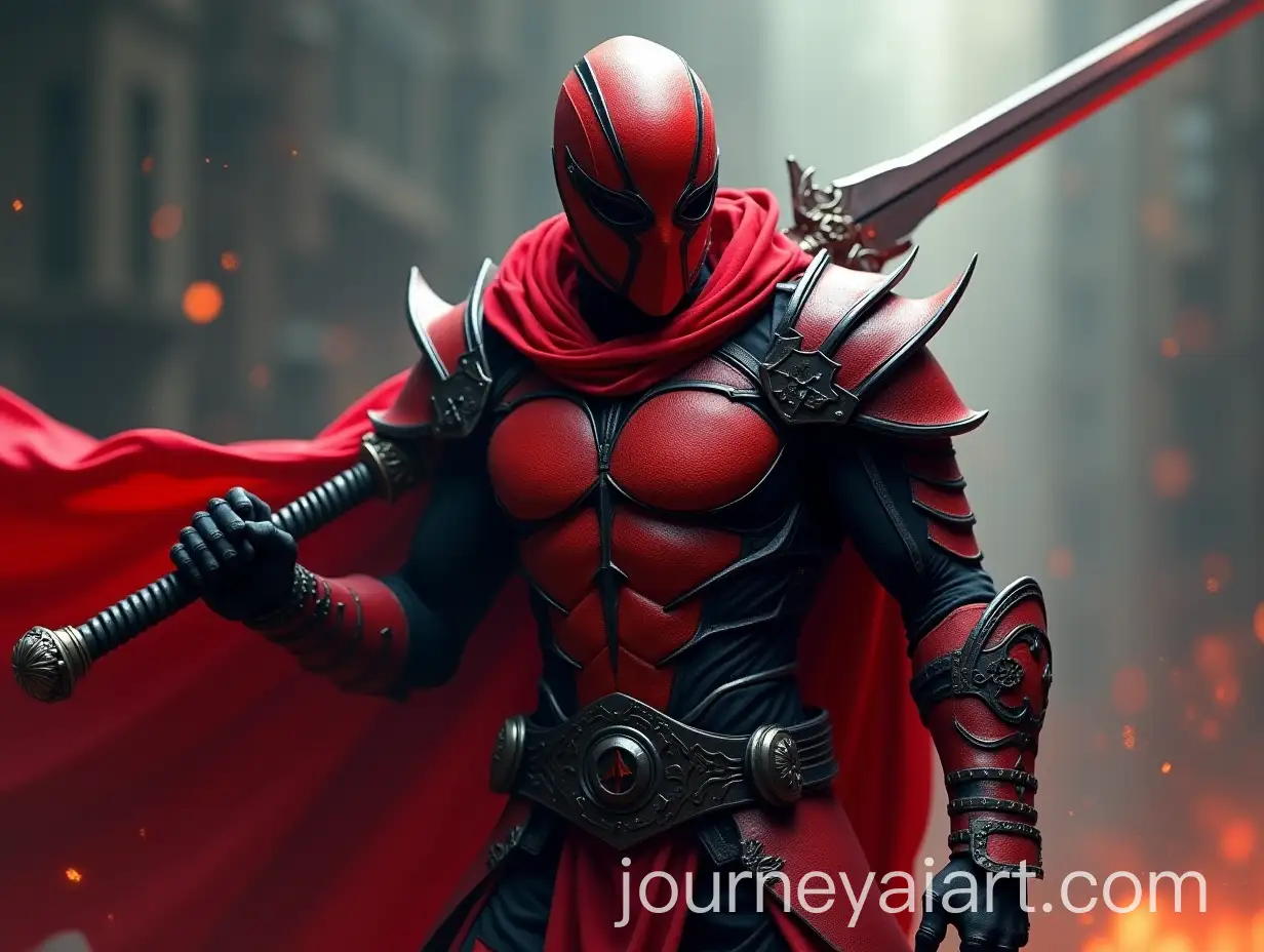 Modern-Heroic-Warrior-in-Red-and-Black-Armor-with-Rapier