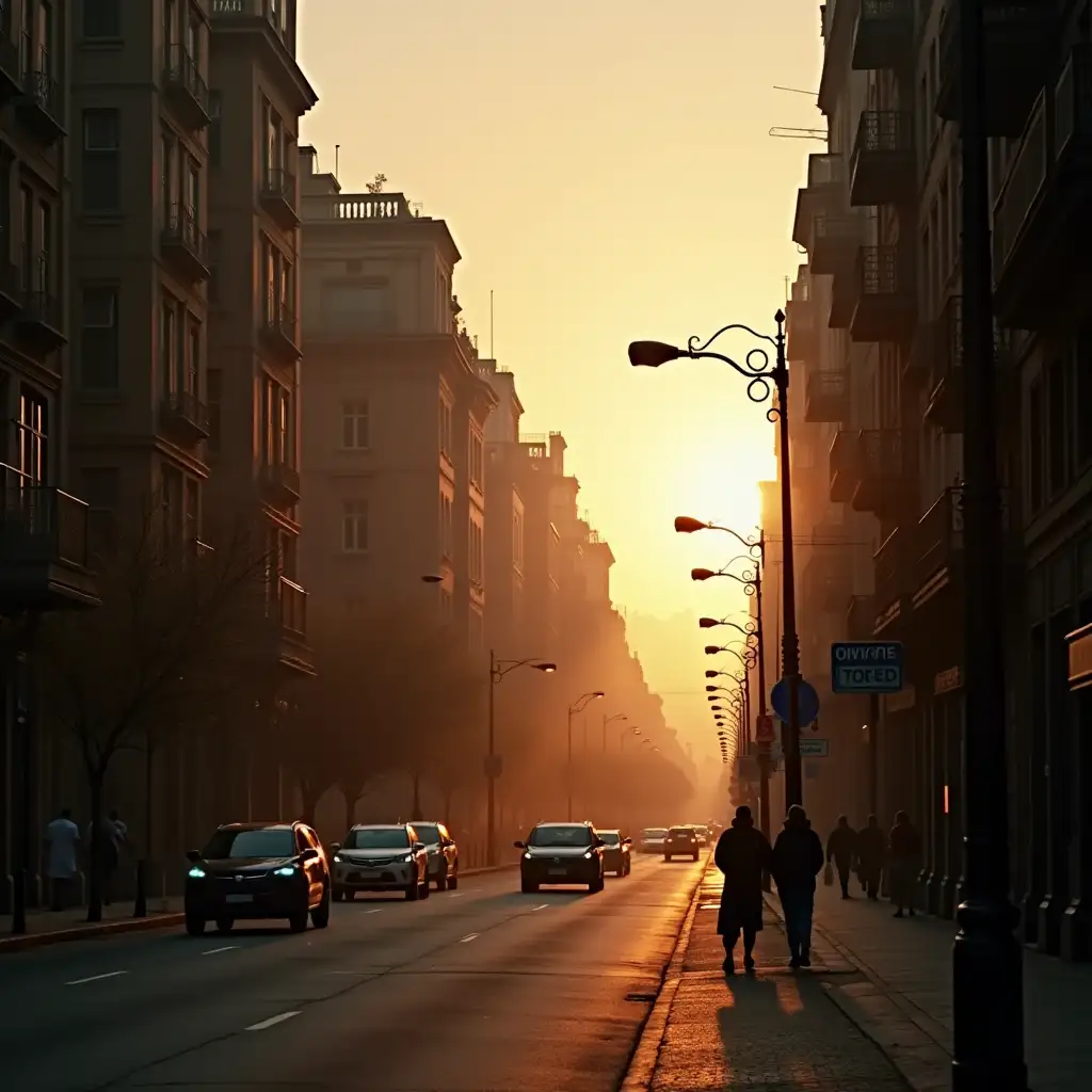 Deserted streets of a big city at dawn, soft golden light, open windows, people starting their day, romantic and inspiring atmosphere, cinematic style