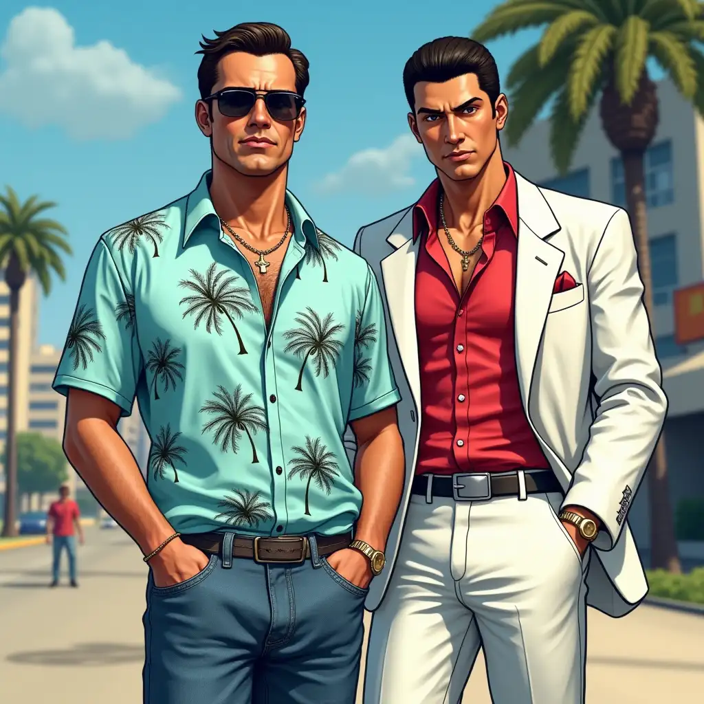 Tommy Vercetti from GTA Vice City in light blue Hawaiian shirt with palm trees with blue jeans and Kazuma Kiryu from Yakuza in white suit with red shirt on the Vice City. Realistic style.