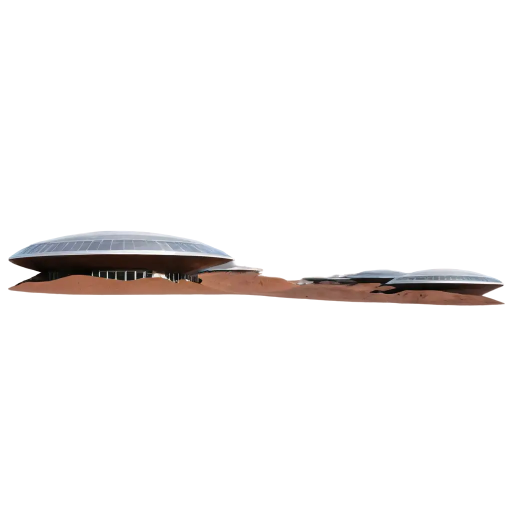 sleek oval Martian buildings, glossy metal exterior, distant view, horizon, complete structure