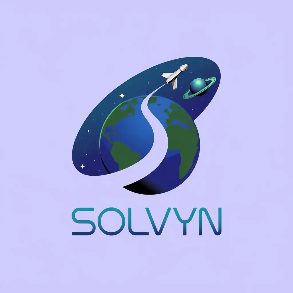 LOGO Design For Solvyn Earth Globe with Prominent S Shaped Contrail and Spacecraft Symbol