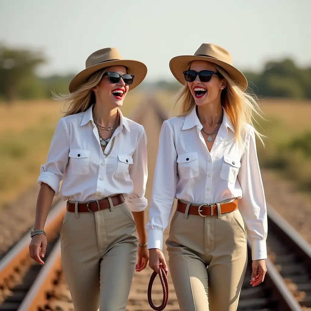 two White lady, wearing an white hunter shirt, laughing with her mouth open, red lipstick accentuating her smile, accessorized with a stylish belt, holding a leather whip, jewerly, white skin, wide hips, pilot sunglasses, lady walking on rails, kenya, safari