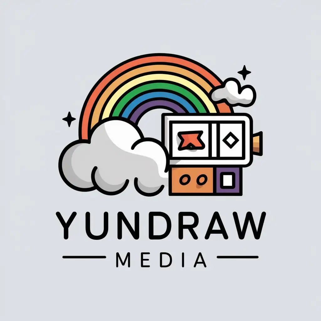 a vector logo design,with the text "Yundraw Media", main symbol:Clouds, rainbow, painting tools, video,complex,be used in Internet industry,clear background