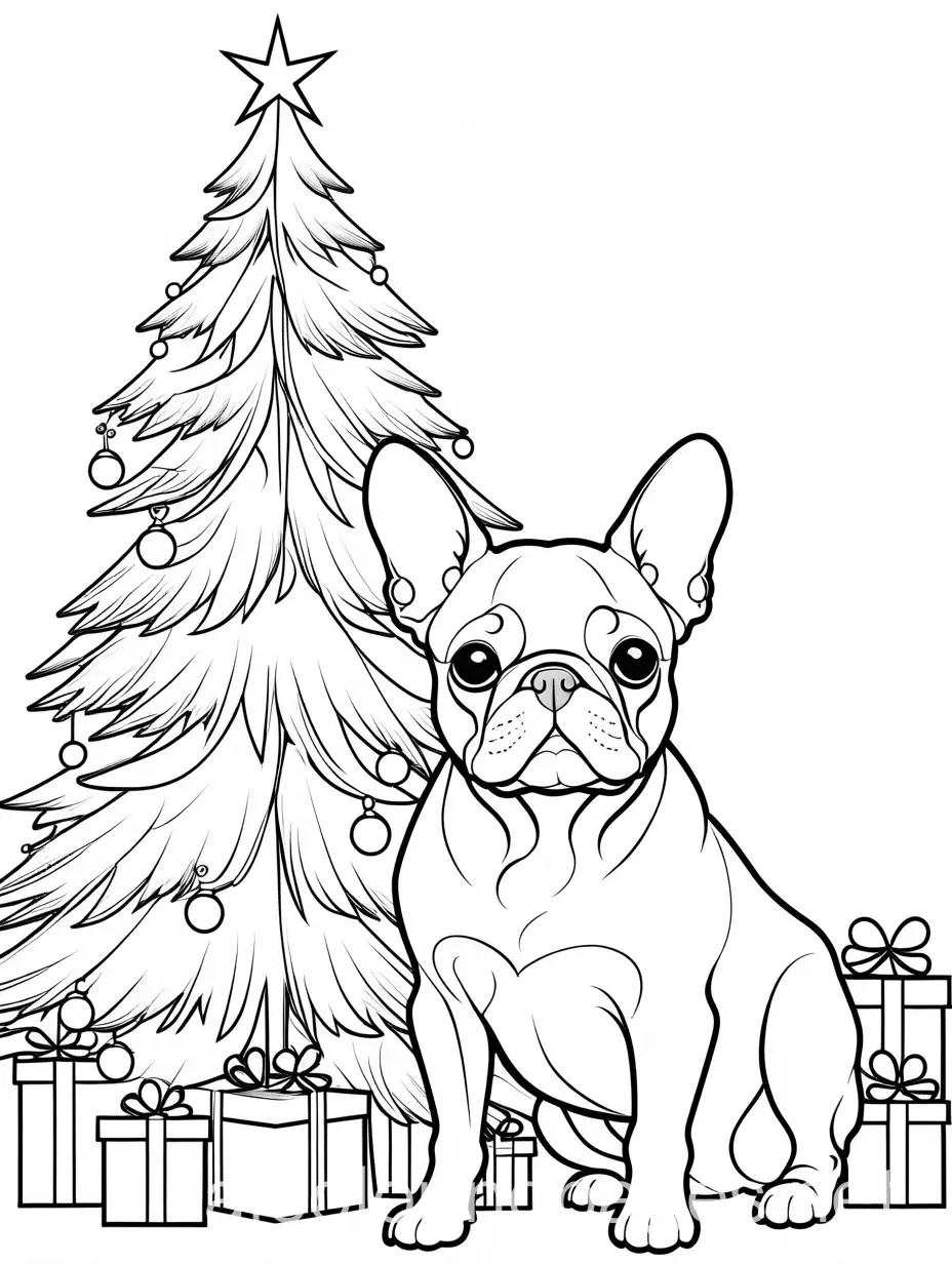 Playful-French-Bulldog-Beside-a-Christmas-Tree-Coloring-Page