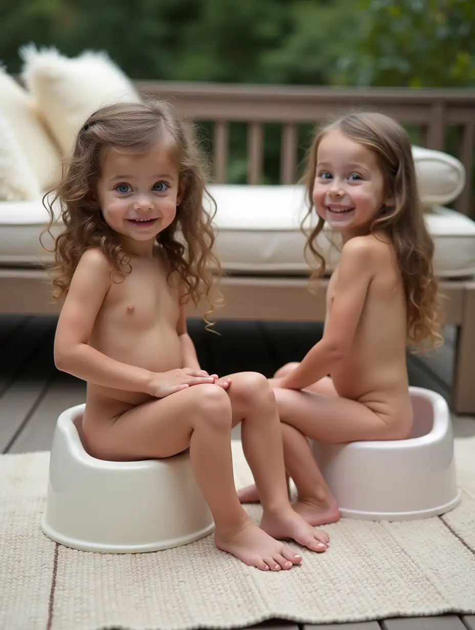 Two-Young-Girls-Sitting-on-Potty-Chairs-with-Eager-Smiles-on-a-Wooden-Deck