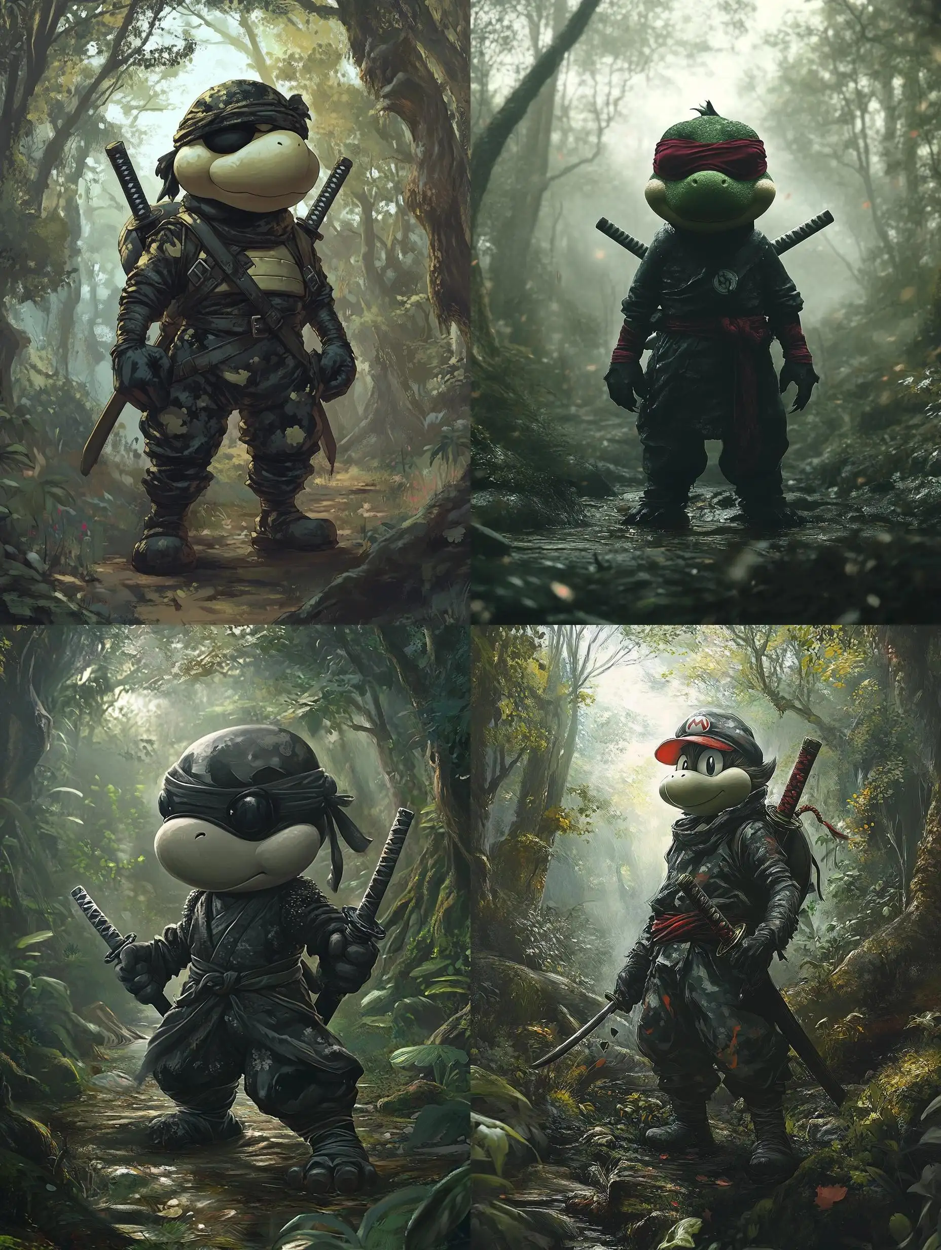Gothic-Yoshi-Ninja-in-a-Forest-with-Katanas-1990s-Anime-Style