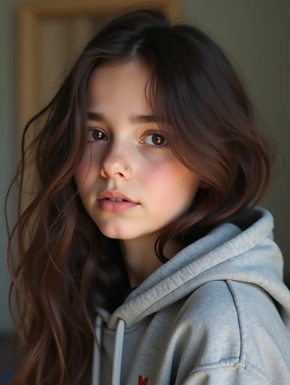 brunette clothed in a warm grey hoodie,small brown eyes, mixed race (french-dutch) between the age of 12-18 not too tall (between 4,11 and 5,6), kinda chubby, a really small mole on the low left corner of her face, oval like face shape