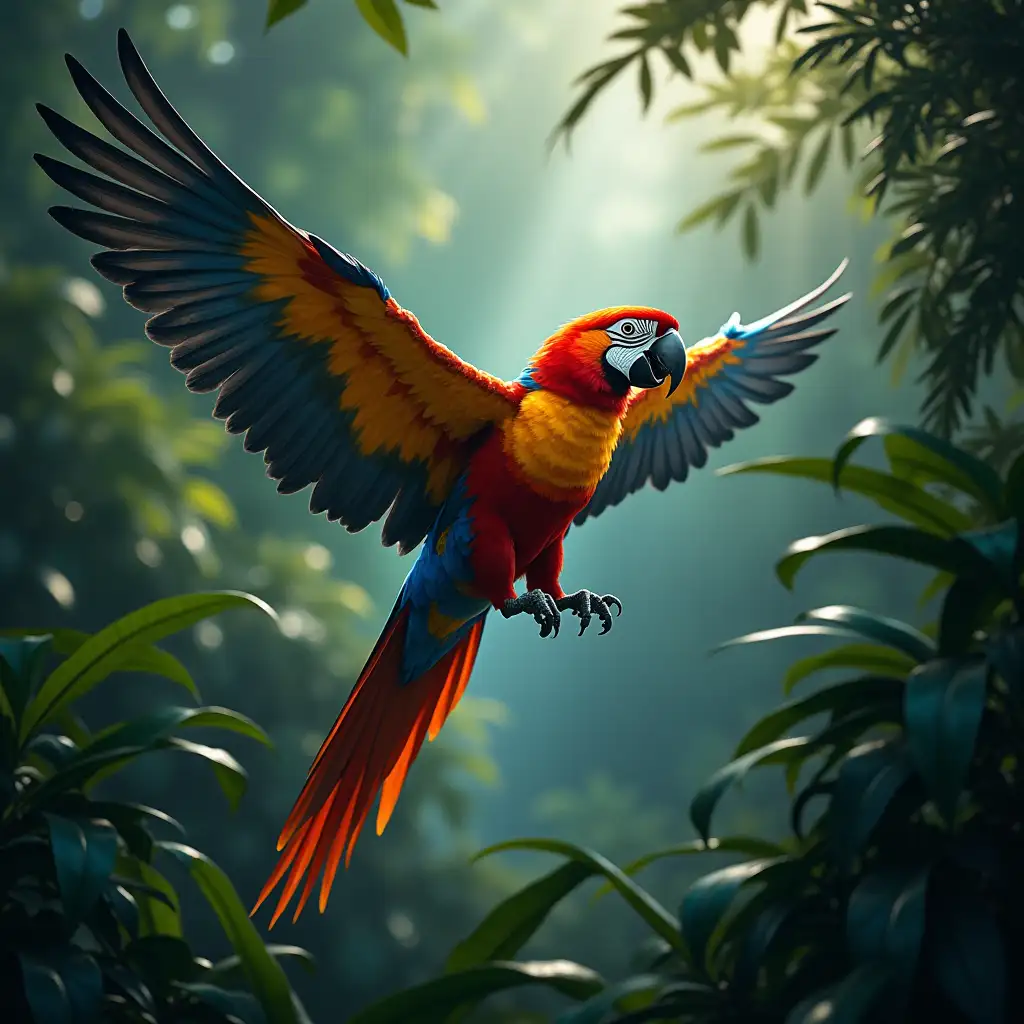 A huge rainbow colored bird beating it's way across a thick Amazon jungle that is engulfing the huge rainbow colored bird