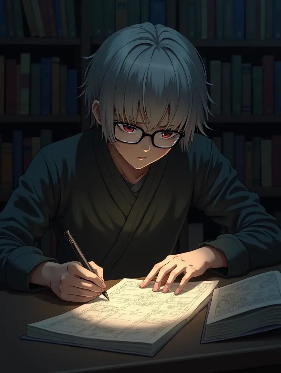 Saya is in the library, looking at books on Japanese mythology. Rin's shadow falls on her - Close-up of Rin's glasses reflecting light (mysterious mode) RinRin a tall boy with silver hair and glasses, draws a map of the station on paper