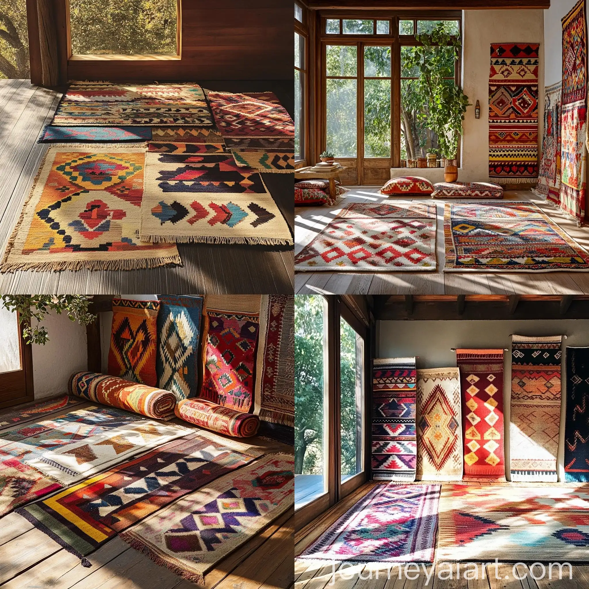 Colorful-Collection-of-Kilim-Rugs-Diverse-Geometric-Patterns-in-Sunlit-Room
