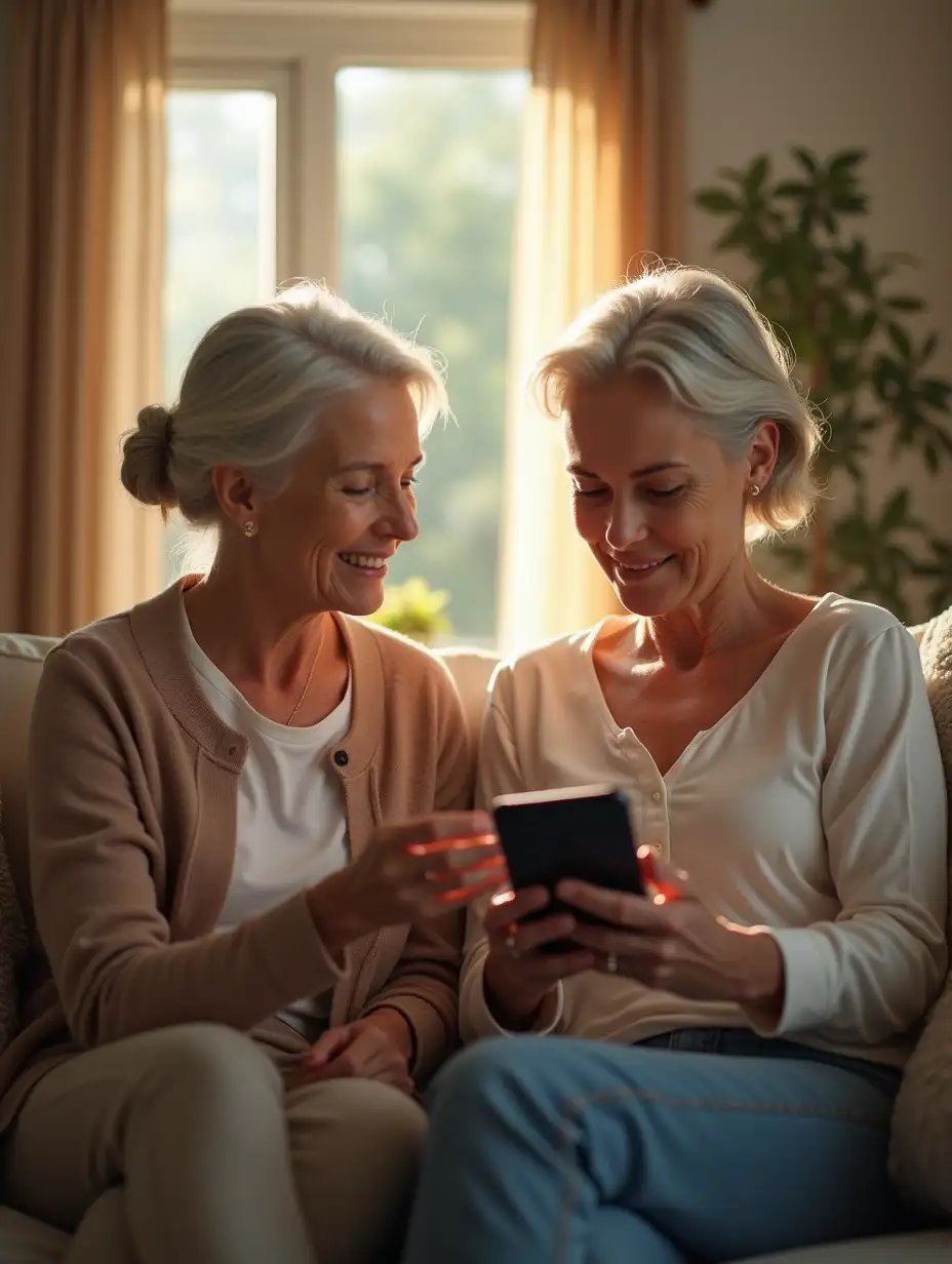 hyperrealistic image of an elegant early-50's white-race woman showing something on her phone to her female friend(elegant early-50's white-race ), both women appearing calm and relieved as they look at the screen, sitting in a cozy living room with sunlight filtering through the windows. The women are casually dressed, their expressions soft and relaxed, the warm light accentuating the tranquil moment. The peaceful suburban home environment adds a comforting backdrop. The mood is one of shared understanding and relief, as if they’ve received good news. Photography style, 8K resolution with a DSLR camera, soft natural light, slight lens flare for a dreamy effect. Negative prompt: overexposed, too bright, gloomy, artificial, plastic-looking skin, awkward poses, oversaturated colors, extra limbs, unrealistic expressions, poor anatomy, blur, low resolution.