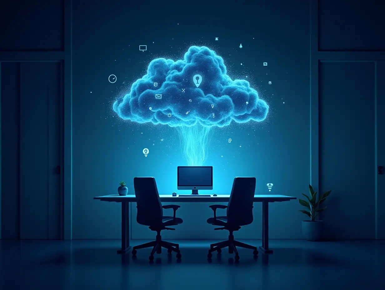 Professional visualization of a modern office transforming through cloud technology, combining geometric patterns with computer screens floating upward and morphing into digital data streams, using deep blues and subtle glowing effects, corporate style, featuring subtle binary code patterns and security icons, emphasis on the transformation aspect