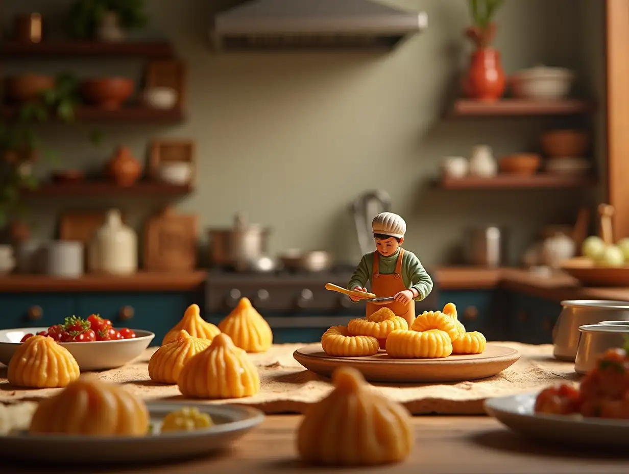 some miniature worker making a big momos with instruments, Momos ingredients are spreading everywhere, A kitchen room, Warming Cinematic realistic photograph , Landscape photo frame  Frame ratio [2592×1954]