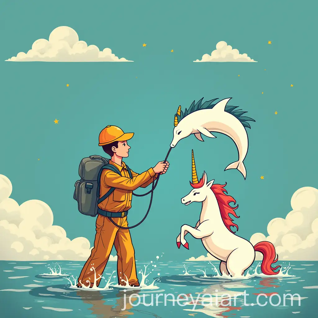 Electrician-Struggling-to-Connect-Cable-Amid-Dolphins-and-Unicorns