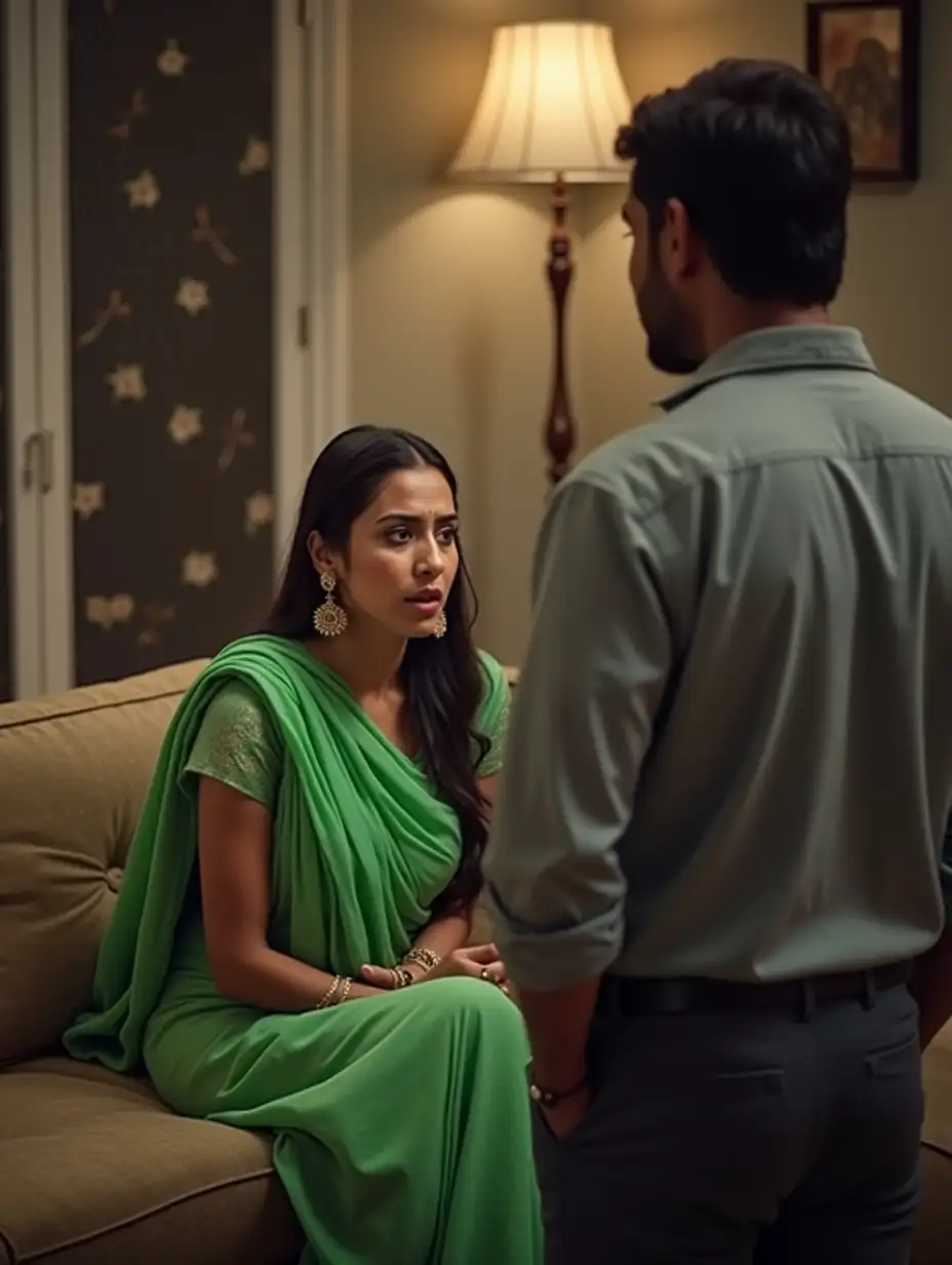 Angry-Indian-Woman-in-Green-Saree-Arguing-with-Husband-on-Couch