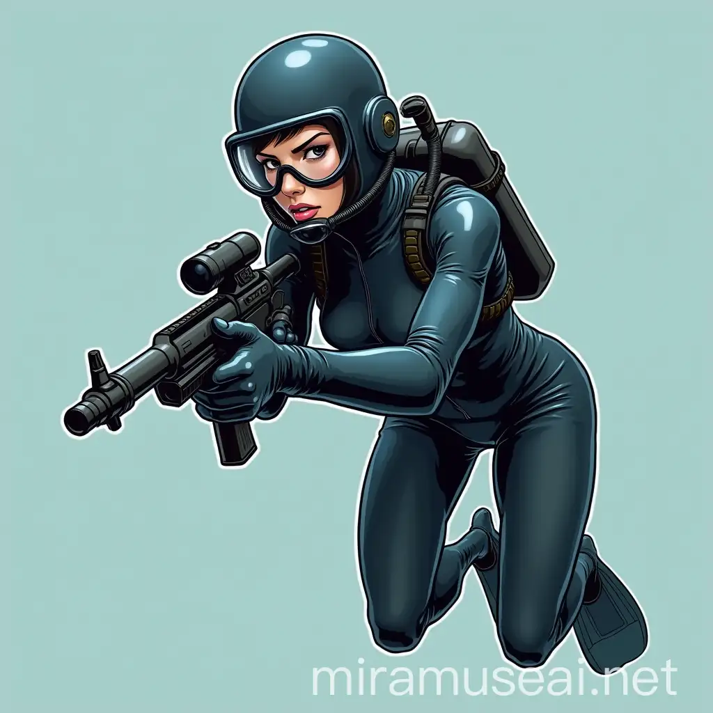 Agile Female Diver in Glossy Bodysuit with Spear Gun