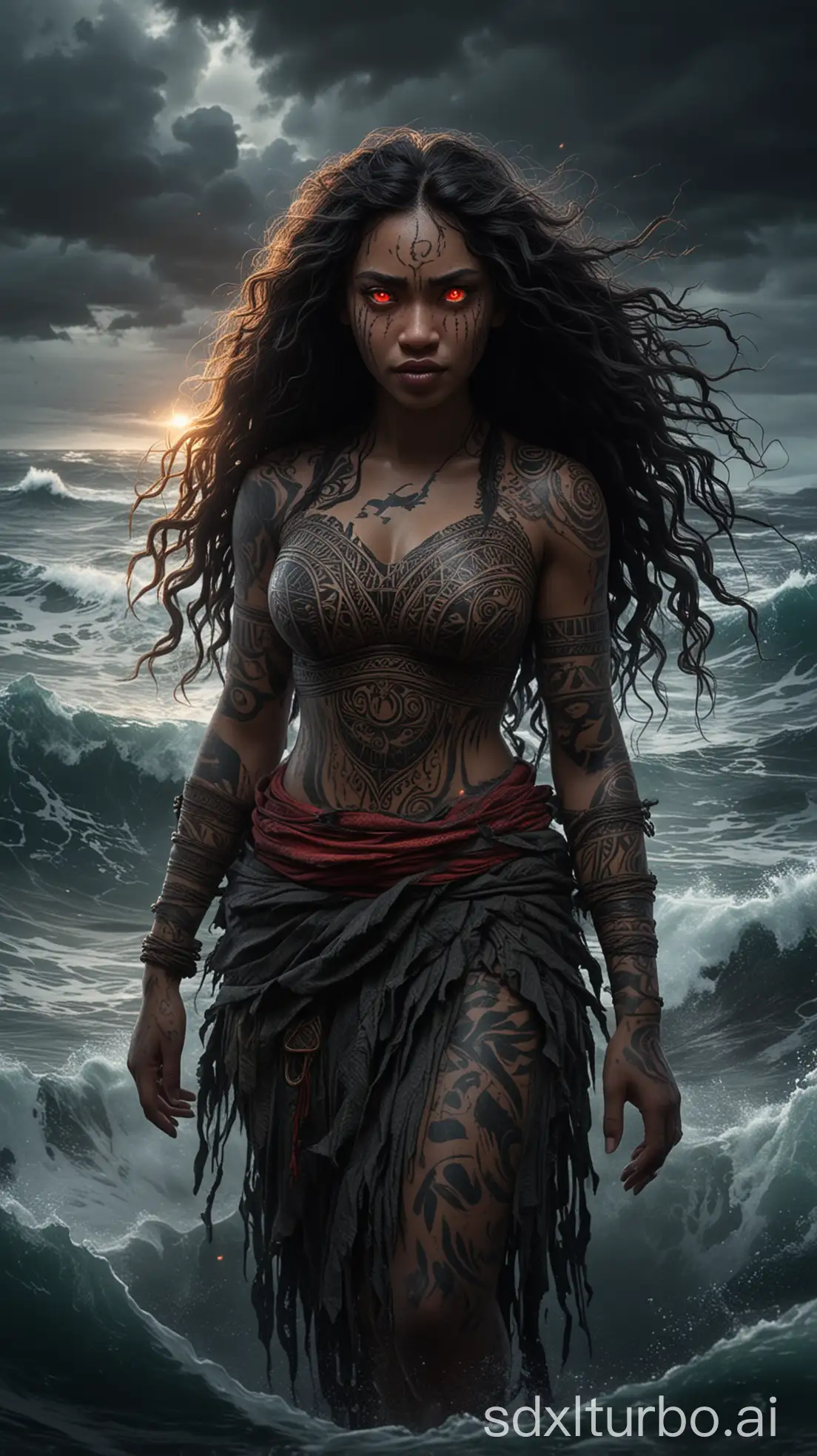 horror-inspired version of Moana: A terrifying reimagining of Moana in a dark, eerie setting. She has glowing red eyes, a malevolent grin, and wild, unkempt hair flowing in a phantom wind. Her traditional Polynesian outfit is ripped and darkened, with glowing, ominous tribal patterns etched into the fabric. The background features a stormy ocean with jagged waves and flashes of lightning illuminating shadowy sea creatures. Her presence exudes an unsettling aura, with dark tendrils of mist swirling around her feet and the shadows behind her forming sinister shapes.