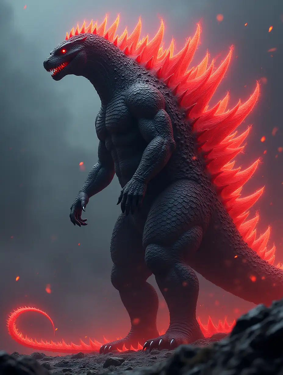 A kaiju, God of Chaos, Draconic body appearance,Şark grey/Black skin/scales,Neon red glowing Godzilla type dorsal spikes features but only dorsal spikes not the entire body,God like art