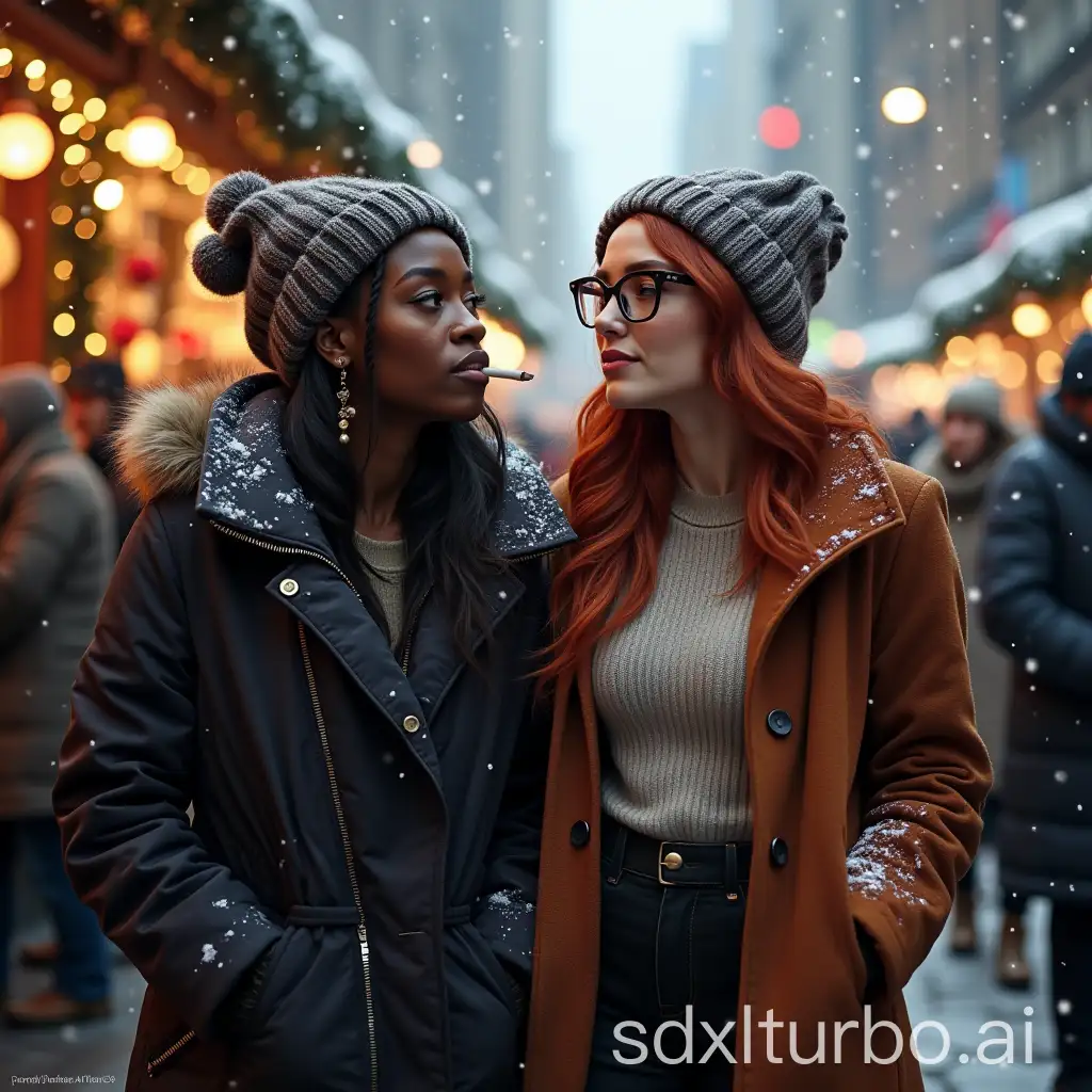 Winter-Scene-at-a-Christmas-Market-in-New-York-with-Two-Women-Talking