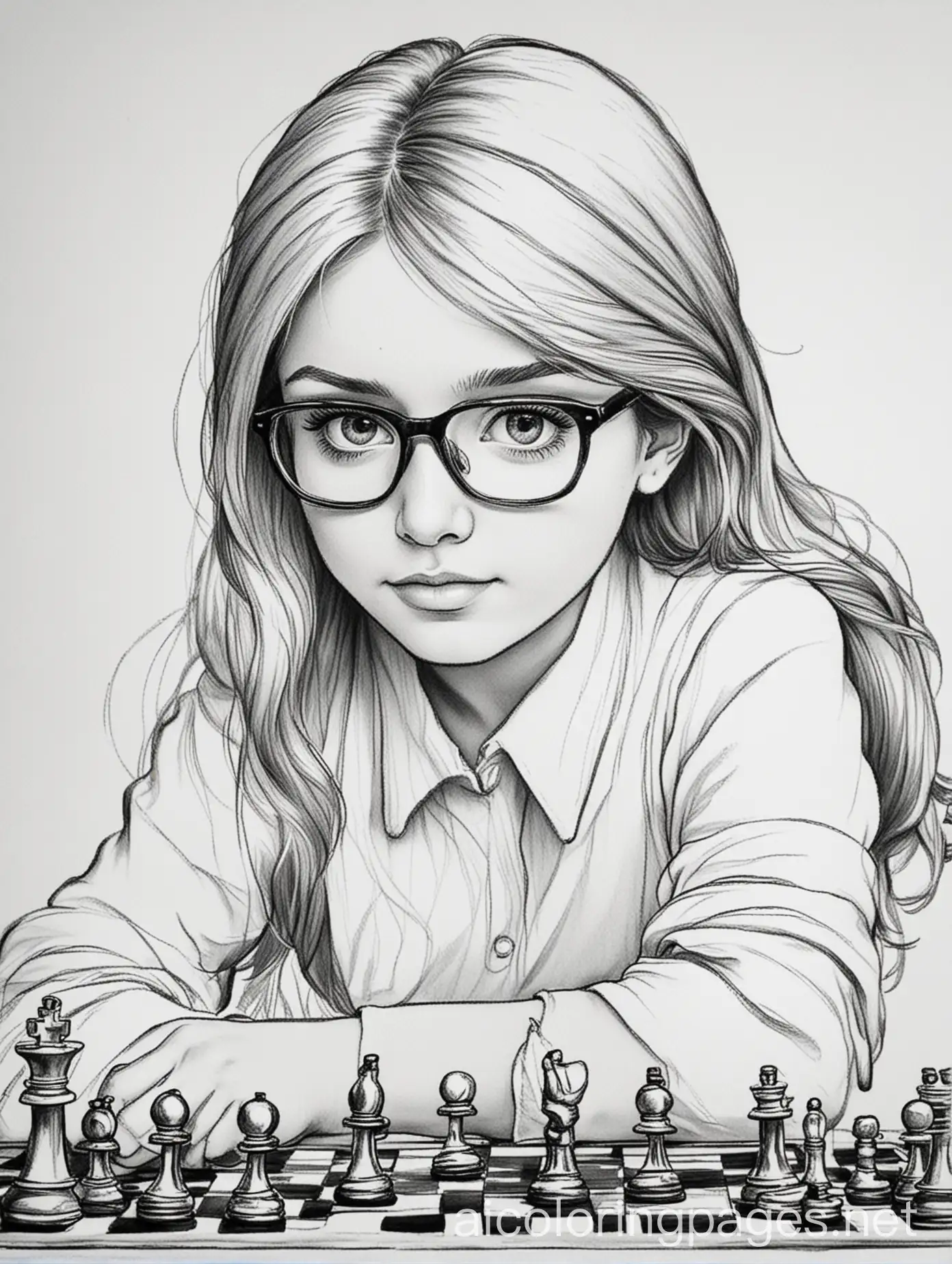 2d line art sketch of a girl playing chess. she is wearing glasses. it is for a coloring book for kids. so the drawing should be simple. Coloring Page, black and white, line art, white background, Simplicity, Ample White Space, Coloring Page, black and white, line art, white background, Simplicity, Ample White Space. The background of the coloring page is plain white to make it easy for young children to color within the lines. The outlines of all the subjects are easy to distinguish, making it simple for kids to color without too much difficulty