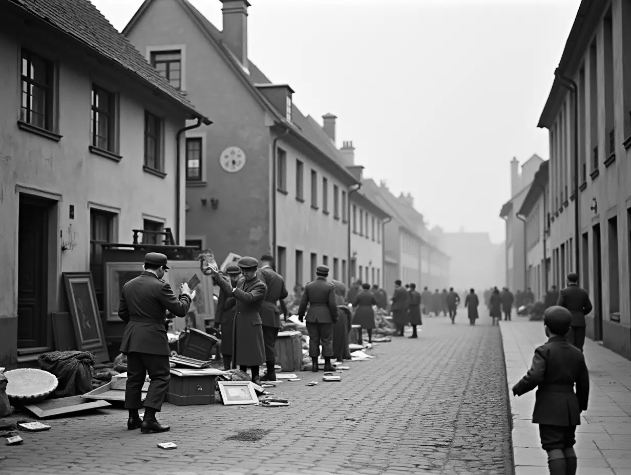 Street, Germany, on the left a house with a gambrel roof, in front of it in the middle of the sidewalk, to the right a wide cobblestone street, nothing to the right, soldiers are throwing many pieces of furniture, paintings, books onto the street, men are throwing books, people are rummaging through the furniture, on the right in the foreground a small boy 1.2m tall alone in the background without a head covering