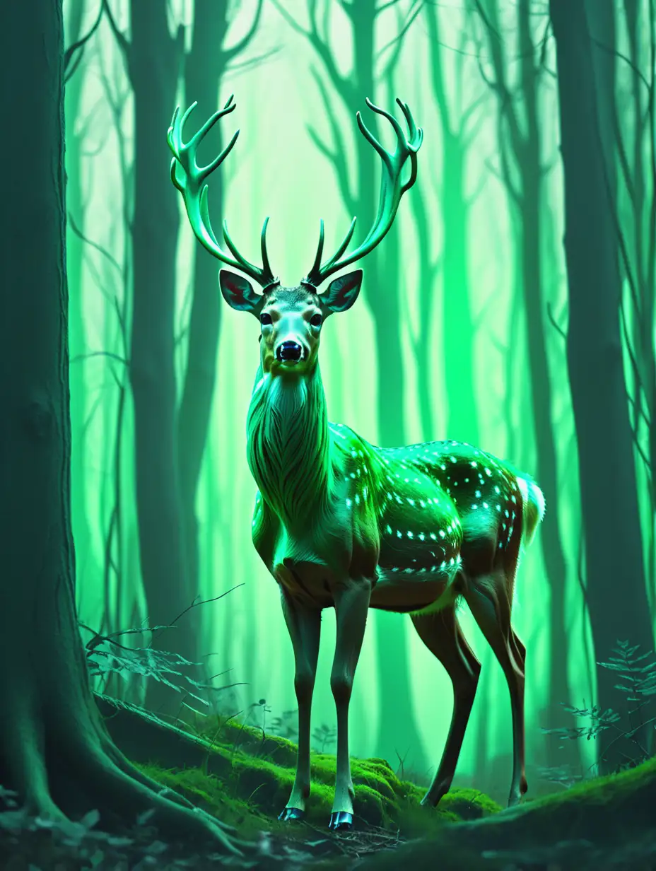 Fantasy Movie Still Silverhorn Deer in a Woods with Green Color Palette